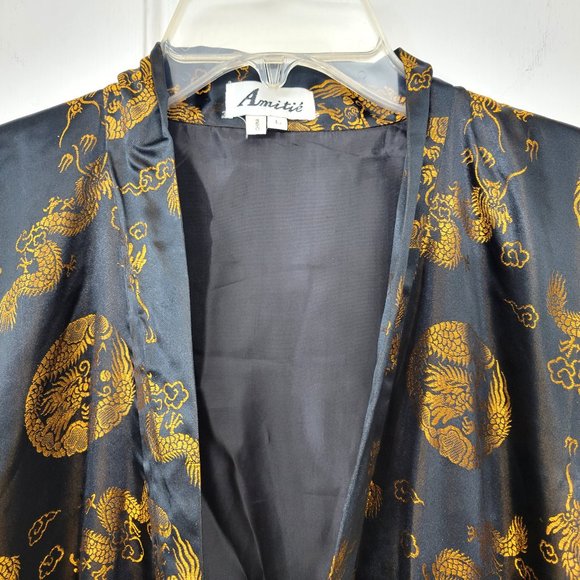 Black Satin Kimono with Birds and Dragons Size Large - Picture 2 of 6